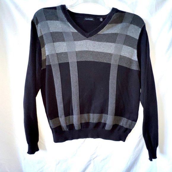 Men's Van Heusen V Neck Sweater, Black and Gray, Abstract Design, Size Large EC - Picture 1 of 12